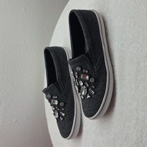 Kate Spade Gray Slippers Sparkle Gem Embellishments Flannel Womens Size 9